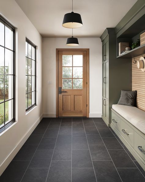 Adeline 12x24 Matte Porcelain Tile in Midnight Porcelain Tile Floor Entryway, Tile In House, Modern Cabin Tile Floor, Dark Tile Floors Living Room, Basement With Tile Floor, Black Tile Entryway Floor, Dark Tile Floors Kitchen, Dark Floor Tiles Kitchen, Dark Kitchen Tiles Floor