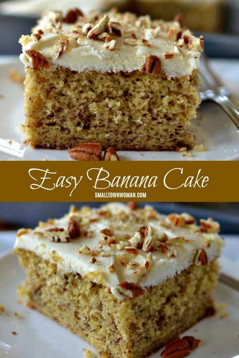 Banana Nut Cake Recipe, Easy Moist Banana Cake, Frosting Hacks, Best Banana Cake Recipe, Easy Banana Cake Recipe, Banana Sheet Cakes, Easy Banana Cake, Banana Nut Cake, Banana Cake Mix