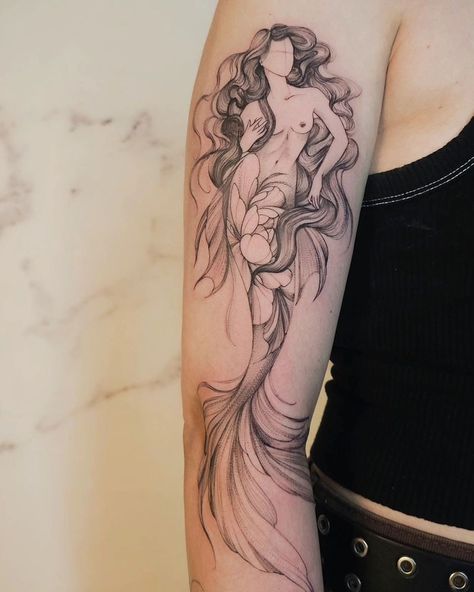 Two Mermaids Tattoo, Siren Tattoo Dark Mermaid, Sea Sleeve Tattoo, Kintsugi Tattoo, Stingray Tattoo, Siren Tattoo, Mermaid Tattoo Designs, La Tattoo, Throat Tattoo