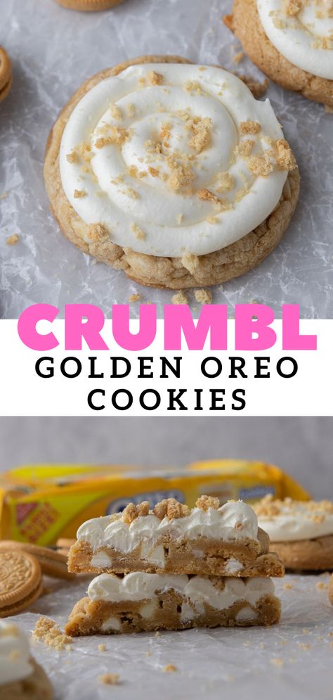 These Crumbl golden Oreo cookies are soft and thick cookies topped with a silky smooth cream cheese frosting. White Oreo Cookies, Crumbl Cookie Copycat Cookies And Cream, Homemade Golden Oreos, Vanilla Oreo Cookies, Golden Oreo Crumbl Cookie, Crumbl Cookie Dough Copycat, Golden Oreo Cupcakes, Vanilla Oreo Cookie Recipes, Crumbl Golden Oreo Cookies