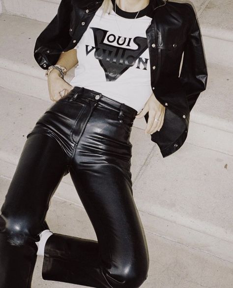 𝐀. on Twitter: "june moodboard… " Riviera Fashion, Leather Motorcycle Pants, Louis Vuitton Outfit, Rock Star Outfit, Outfit Grunge, Leather Pants Outfit, Oufits Casual, Jeans Overall, 80s Outfit