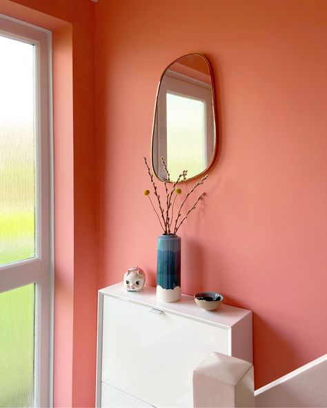 A pink (or orange) hallway makeover with Fine Art America Pink And Orange Painted Walls, Coral Pink Wall, Peach Wall Paint Living Room, Pink Hallway Ideas Color Schemes, Coral Hallway, Peach Hallway, Orange Pink Room, Terracotta Hallway, Hallway 2023