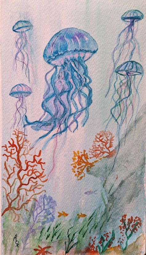 Aquarium Drawing, Jellyfish Painting, Jellyfish Drawing, Jellyfish Art, Cute Doodles Drawings, Arte Sketchbook, Cute Doodle Art, Doodle Art Designs, Watercolor Drawing