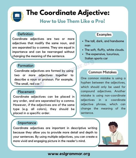 "Coordinate adjectives" is a term used in English grammar to describe a specific type of adjective order and punctuation. In this article, we will explore Interrogative Adjectives, Adjective Order, Coordinate Adjectives, Esl Grammar, Grammar Skills, Punctuation, English Grammar, Grammar, How To Use