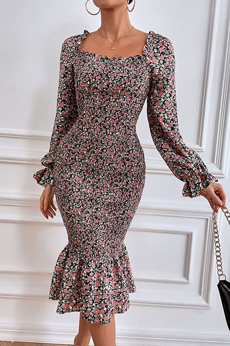 PRETTYGARDEN Women's Long Puff Sleeve Floral Midi Bodycon Square Neck Ruffle Mermaid Smocked Dress #ad #babyshower #summerweddingguest Spring Outfits Amazon, Winter Outfits Fashion, Cottagecore Wedding, Outfits Amazon, Aesthetic Cottagecore, Cute Spring Outfits, Smocked Dress, Long Puff Sleeves, Casual Winter Outfits