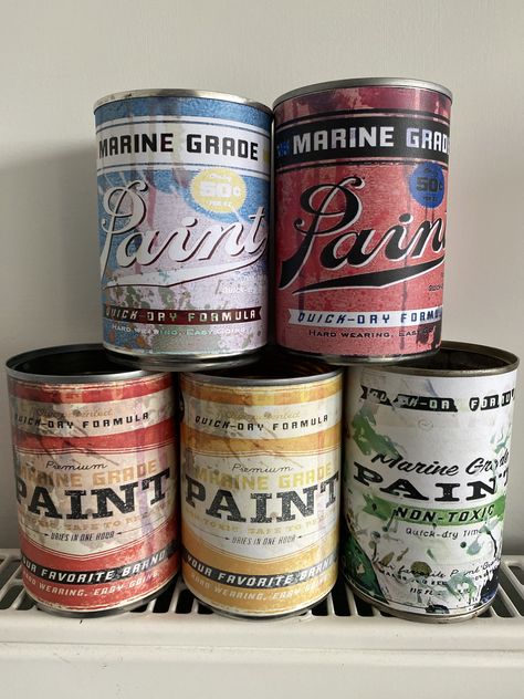 Tin Can Labels, Dollhouse Garage, Pots Kitchen, Painted Tin Cans, Props Storage, Boat Paint, Paint Pots, Rusty Tin, Digital Labels