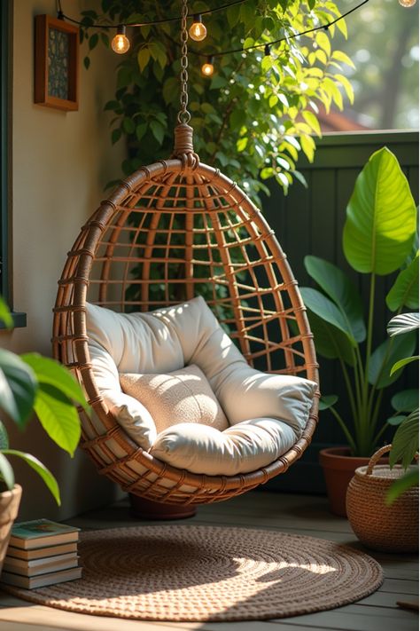 Cozy outdoor reading nook with hanging egg chair and potted plants Backyard Patio Furniture Ideas, Unique Backyard, Outdoor Reading Nooks, Outdoor Reading, Backyard Escape, Backyard Patio Furniture, Hanging Egg Chair, Patio Swing, Patio Furniture Ideas