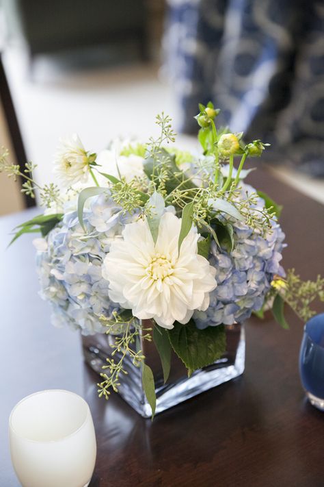 White and blue hydrangea table bouquets for a celebration of life event,  memorial service, Planned by Pink Blossom Events, Katie Parra Photography, The Bravern Signature Residences Floral Arrangements For Celebration Of Life, Memorial Service Reception Ideas, Celebration Of Life Party Decorations Centerpieces, Celebration Of Life Memorial Table Decor, Centerpieces For A Celebration Of Life, Memorial Table Centerpieces, Memorial Table Decorations, Memorial Reception Ideas, Centerpieces For Memorial Service