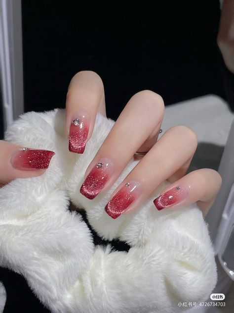 Japanese Nail Art Red, Red Nails Douyin, Red Nails Korean, Red Korean Nails, Red Douyin Nails, Black Nails 2023, Red And Black Nail Designs, Red And Black Nail, Red And Black Nails