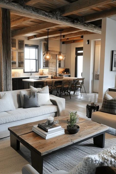 "Add a touch of rustic elegance to your living room with Modern Decor! 🛋️🌾 A great way to create a stylish and welcoming environment. 🌿✨ #RusticModern #LivingRoomDesign #HomeInspiration" Rustic Transitional Decor, Rustic Contemporary Living Room, Rustic Modern Home, Rustic Transitional, Airbnb Ideas, Modern Rustic Living Room, Modern Rustic Decor, Modern Farmhouse Living Room, Rustic Contemporary