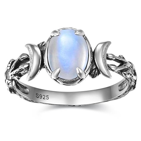 PRICES MAY VARY. Superior Quality: We prioritize quality and durability in our jewelry. Made with 925 sterling silver, this ring is hypoallergeni coxidized silver and resistant to tarnishing. The intricate craftsmanship ensures a long-lasting shine and comfortable fit, allowing you to enjoy this exquisite piece for years to come. Moonstone Elegance: The moonstone gemstone in this ring exudes a mesmerizing play of light, resembling the gentle glow of moonlight, adding a touch of ethereal beauty t Sterling Silver Moonstone Ring, Moon Rings, Moon Phase Ring, Mystical Animals, Moonstone Ring Sterling Silver, Witch Spell, Moonstone Stone, Triple Moon, Moon Ring