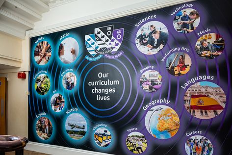 Wall Advertising Design, School Art Gallery Display Ideas, School Wall Design, Showcase Designs For Hall, Layout Picture, School Pictures Display, Usa School, School Exhibition, School Advertising