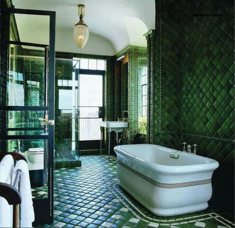 Emerald Green Bath, from Architectural Digest France Dark Green Bathrooms, Green Tile Bathroom, Green Tiles, Art Deco Bathroom, Deco Bathroom, Decor Ikea, Bad Inspiration, Attic Renovation, Design Blogs