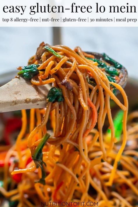 Perfect for busy weeknight meals, this 30-minute easy gluten-free lo mein satisfies take out cravings with chewy gluten-free noodles and crisp vegetables coated in an amazing sweet and savory sesame sauce. Gluten Free Lo Mein, Gluten Free Noodles Recipe, Busy Weeknight Meals, Free Noodles, Food Safety Tips, Simple Healthy Recipes, Pumpkin Muffin Recipes, Delicious Veggies, Gluten Free Noodles