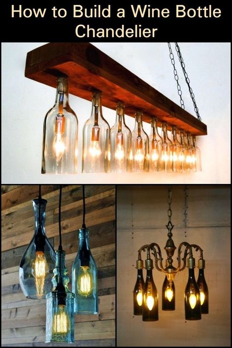 Create your own masterpiece by making a chandelier out of wine bottles. Wine Bottle Lights Hanging, Wine Bottle Pendant Lights, Whiskey Bottle Chandelier, Patron Bottle Chandelier, Wine Bottle Light Fixture, Wine Bottle Chandelier, How To Make A Chandelier, Bottle Chandelier, Diy Wine Rack