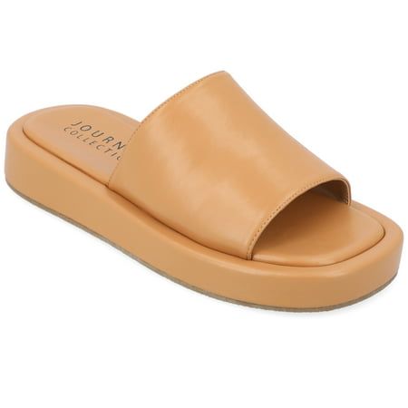 Our Denrie platform sandals from Journee Collection will be the perfect shoe for when you want to be comfy yet classy. With their luxe vegan leather, single band slide, and open round toe, you'll notice that extra boost to your confidence. The 4 mm Tru Comfort Foam insole and slip-on feature will make your feet feel like you're on cloud 9. Size: 11.  Color: Beige.  Gender: female.  Age Group: adult. Fashion Shoes Sandals, Flatform Sandals, Buckle Shoes, Round Toe Heels, Cloud 9, Open Toe Sandals, Slides Shoes, Brown Sandals, Journee Collection