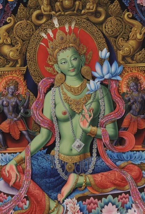 Green Tara Painting, Tantra Painting, Buddhist Gods, Buddhism Wallpaper, Nepal Art, Tantra Art, Thangka Painting, Vedic Art, Tibetan Art