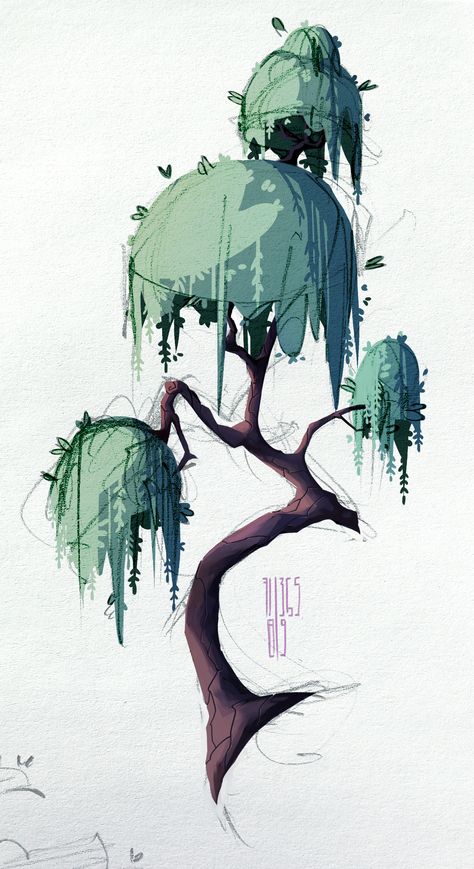 ArtStation - Trees, Anastasia Walker Drawing Settings Ideas, Foliage Concept Art, Foliage Reference, Fantasy Plants, Seni Dan Kraf, Tree Illustration, Tree Drawing, Plant Roots, 판타지 아트