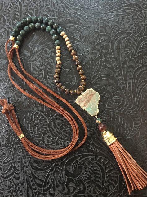 Boho Cognac Leather Tassel Stone Pendant Necklace With Adjustable Suede Cord - Etsy Stone Necklace Diy, Diy Tassel Necklace, Leather Jewelry Diy, Diy Jewelry Necklace, Cord Jewelry, Tassel Jewelry, Suede Cord, Stone Pendant Necklace, Leather Tassel