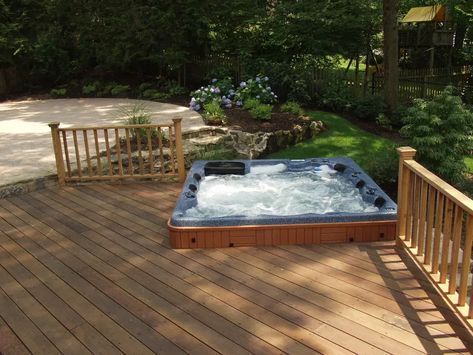 Do you like Hot Tubs on a deck or built in? | Hometalk Backyard Patio With Hot Tub, Covered Patio Makeover, Patio With Hot Tub, Hot Tub Deck Design, Sunken Hot Tub, Hot Tub Surround, Hot Tub Designs, Diy Hot Tub, Relaxing Backyard