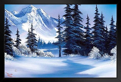 Amazon.com: Bob Ross Winter Mountain Art Print Painting Black Wood Framed Art Poster 14x20: Posters & Prints Bob Ross Art, Bob Ross Paintings, Mountain Art Print, The Joy Of Painting, Snowy Mountain, Winter Painting, Mountain Scene, Bob Ross, Nature Art Painting