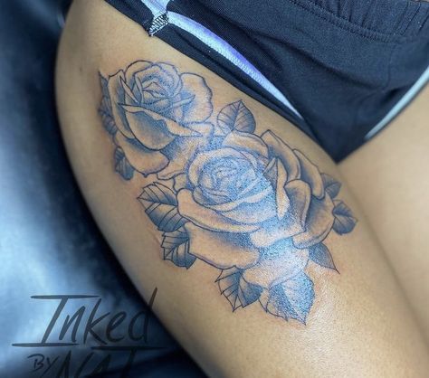 Cute Thigh Tattoos Black Women, Fye Tattoos, Side Thigh Tattoos Women, Butterfly Thigh Tattoo, Tats Ideas, Side Thigh Tattoos, Cute Thigh Tattoos, Rose Tattoo Thigh, Believe Tattoos