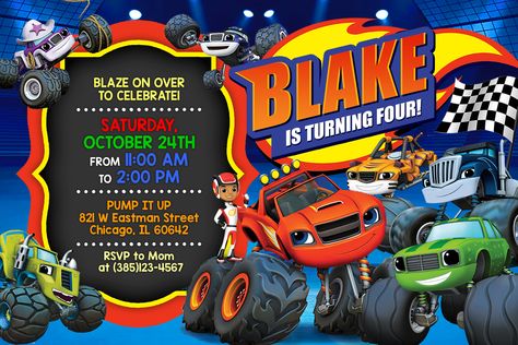 Blaze Party Decorations, Blaze Invitations, Truck Party Invitations, Blaze Birthday Party, Blaze Party, Blaze And The Monster Machines Party, Daniel Tiger Birthday Party, Tiger Birthday Party, Blaze Birthday