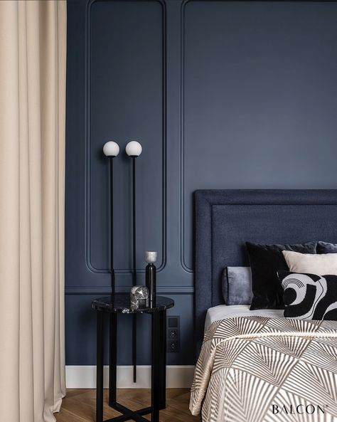 // b l u e Navy Blue Bedrooms, Blue Headboard, Hotel Room Design, Dekorasi Kamar Tidur, Bedroom Panel, Classic Bedroom, Bedroom Layouts, Blue Bedroom, Apartment Living Room