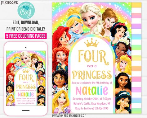 Four Ever a Princess Birthday Invitation Editable Princess Birthday Party Invitation Princesses Birthday Invitation Invitations PR2 PR3 - Etsy Rapunzel Birthday Invitation, Cinderella Birthday Invitation, Moana Birthday Invitation, Princess Birthday Party Invitations, Princess Party Invitations, Princess Card, Princess Invitation, Belle Birthday, Disney Princess Birthday Party