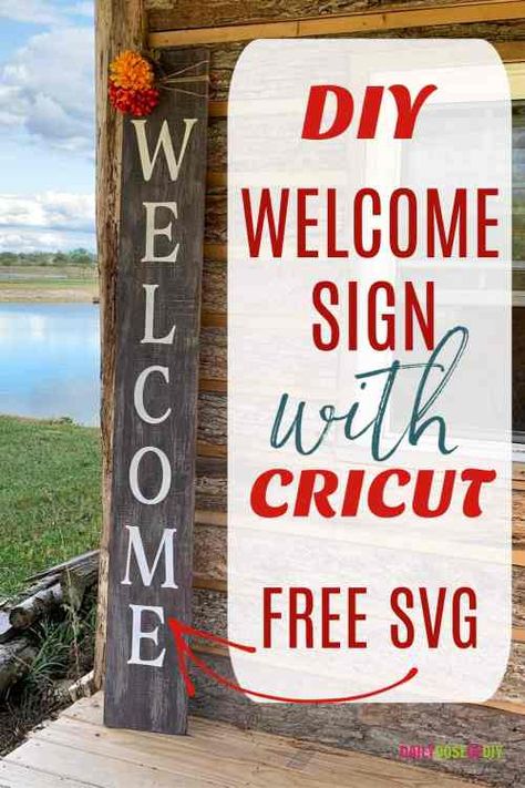 DIY Welcome Sign for Front Porch Plus Free SVG Cut File  The stencil SVG makes making this sign with your Cricut so easy Vertical Porch Signs Diy, Fall Welcome Signs For Porch Diy, Porch Signs Diy, Cricut Printables, Signs Cricut, Diy Welcome Sign, Cricket Designs, Diy Lettering, Cricut Signs