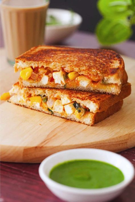 Veggie Paneer Sandwich - Sinfully Spicy Soft White Bread, Paneer Lababdar, Chutney Chicken, Paneer Sandwich, Cilantro Chutney, Pav Bhaji Masala, Canning Crushed Tomatoes, Savory Crepes, Colorful Vegetables