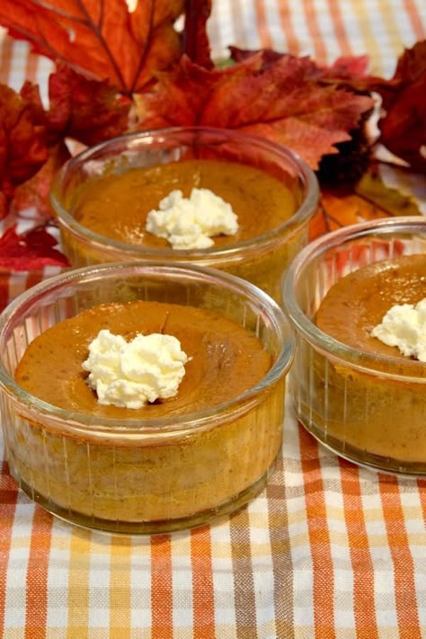 Pumpkin Custard Cups made with Almond Milk. This pumpkin custard tastes like "Old Fashioned Homemade Pumpkin Pie". Don't tell and they won't ever suspect that it is dairy free. A 1/2 cup serving is 4 WW Smart Points. #miascucina #easy dessert recipe #ww dessertsrecipes #healthypumpkindessert #almondmilkrecipe #easyhealthydesserts #dairyfreedesserts #falldessertrecipes #wwfreestylerecipes #easypumpkinrecipe Pumpkin Easy, Classic Fall Desserts, Quick Foods, Crustless Pumpkin Pie, Pumpkin Treats, Custard Cups, Pumpkin Cups, Pumpkin Custard, Baking Stuff