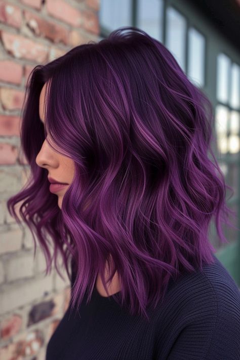 Violet Bob Hair, Short Purple Highlights Hair, Purple Vivid Hair Color, Purple Hair On Brown Skin, Brassy Brunette, Tone Brown Hair, Violet Balayage, Exotic Hair Color, Purple Hair Color