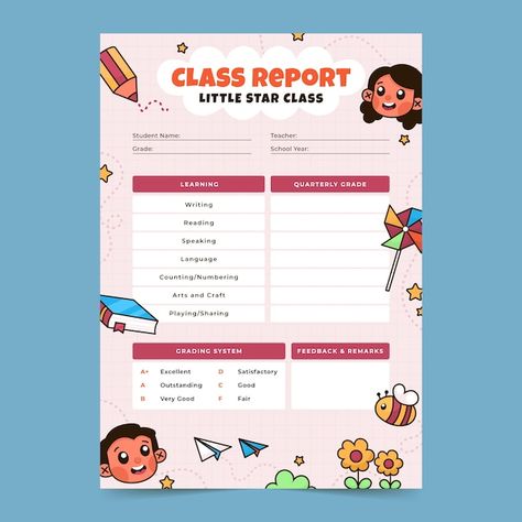 Hand drawn report card template | Free Vector #Freepik #freevector #report-card #school-report #school-template #lesson Kindergarten Report Cards Free Printable, Report Card For Kindergarten, School Report Card Design, Preschool Report Card Templates, Report Card Design, Reporting Design, School Report Card Template, Kindergarten Report Cards, Behavior Report