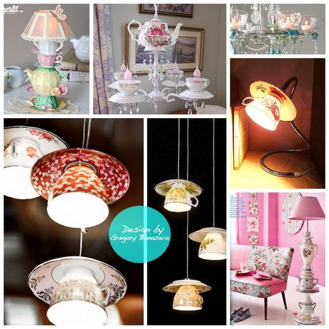 Pride and Style: DIY Inspo: Tea cup lights! Tea Cup Lights, Fix Hole In Wall, Tea Cup Lamp, Tea Cup Chandelier, Ceiling Outlet, Tea Crafts, Teacup Crafts, Hollow Core Doors, Tea Cups And Saucers