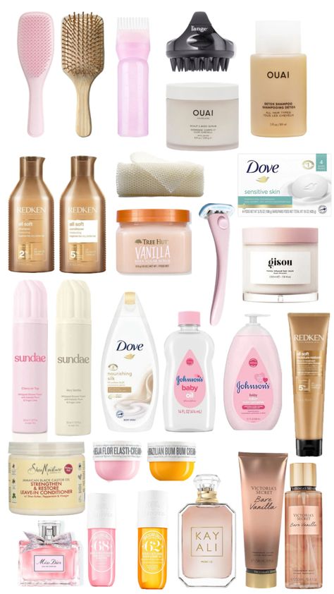 #beauty #shower #showerroutine #showerproducts #skincare #aesthetic #ouai #gisou #soldejanerio #victoriassecret #redken #pink #sundae #bath #foryou #selfcare Shower Essentials, Skincare Aesthetic, Beauty Products, Bath, Shower, Pink, Beauty