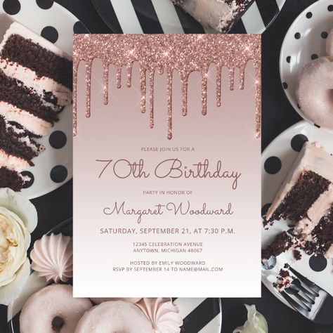 Glam Rose Gold 70th Birthday Party Invitation 90th Birthday Invitations, 60th Birthday Party Invitations, 30th Birthday Party Invitations, 40th Birthday Party Invites, 80th Birthday Invitations, 50th Birthday Party Invitations, Handwriting Script, Ombre Background, 21st Birthday Invitations