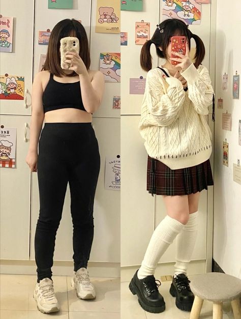 Cute Korean Outfits Plus Size, Harajuku Style Winter Sweater For School, Harajuku Style Winter School Outerwear, Chubby Fashion Outfits Korean, Confidence Outfit, High School Outfits Japanese Girl, Korean Plus Size Fashion, Korean Oversized Outfit Girl, Plus Size Asian Fashion