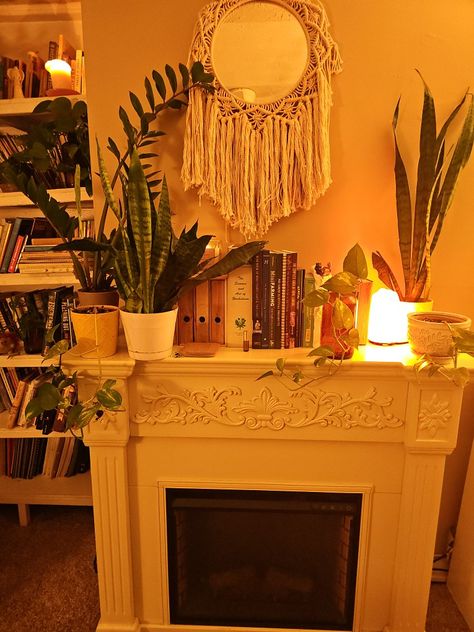 When decorating, I like to make spaces warm and inviting. To get this look, I layered books, plants, and lighting. The Himalayan rock salt lamp and the candles give this area a cozy feeling. #cozy #cottage #cottagecore #Hygge #Plants #Books #Calming #Candles #Livingroom Cottagecore Hygge, Hygge Lamps, Room Candles, Rock Salt Lamp, Himalayan Rock Salt Lamp, Calm Room, Calming Candles, Salt Rock Lamp, Himalayan Rock Salt