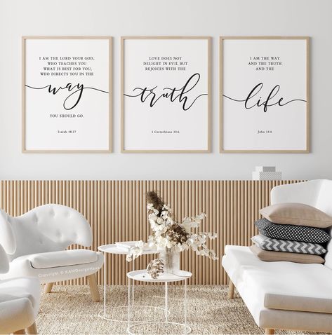 "BIBLE VERSE PRINTABLE WALL ART LIVING ROOM WALL DECOR MODERN SCRIPTURE PRINT (Downloadable) ▶Please note that this listing is for an Instant Digital Download of this art print. No physical item will be sent or shipped.◀ I am the Lord your God, who teaches you what is best for you, who directs you in the way you should go. Isaiah 48:17 NIV Love does not delight in evil but rejoices with the truth. 1 Corinthians 13:6 NIV I am the way and the truth and the life John 14:6 NIV, a wonderful bible ver Bible Verse Wall Art Living Room, Bible Verse Photo Frame, Christian Living Room Decor, Christian Prayer Room Design, Christian House Decor, Quotes Wall Design, Bible Room, Wall Art Ideas Bedroom, Living Room Wall Art Ideas