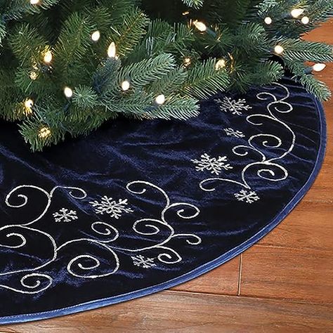 Velvet Christmas Decor with Embroidered Sequin Taffeta Piping and Snowflakes (Tree Skirt) Dark Blue Christmas Decor, Dark Blue Christmas Tree, Blue Tree Skirt, Dark Blue Christmas, Velvet Tree Skirt, Artificial Tree Stand, Snowflake Tree Skirt, Velvet Tree, Velvet Christmas Tree