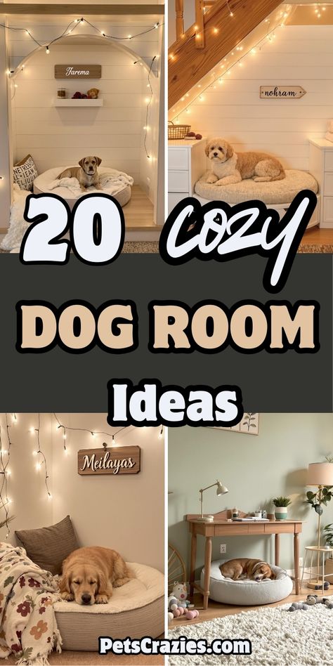 Pinterest collage featuring four cozy dog room designs. Title "20 COZY DOG ROOM Ideas" displayed in bold text. Images showcase illuminated nooks with string lights, custom under-stairs spaces with storage, minimalist home office setups, and personalized corner retreats. Each space features plush beds, custom name signs, and modern farmhouse elements. Website URL "PetsCrazies.com" appears at bottom. Studio Apartment Ideas With Dogs, Custom Dog Room Ideas, Inside Dog Kennel Ideas House, Built In Dog House Under Stairs, Dog Room Signs, Where To Put Dog Bowls In House, Dog Apartment Living Ideas, Dog Room Design Ideas, Garage Dog Room