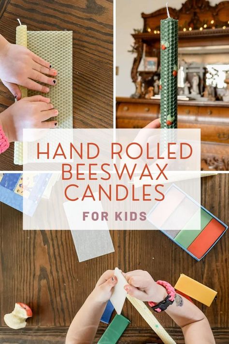 How to Make Rolled Beeswax Candles Beeswax Taper Candles Diy, Diy Beeswax Crafts, Candle Making Activity, Kids Candle Making, Beeswax Candle Recipe, Making Candles Diy Homemade, Beeswax Candle Making, Kids Candle Crafts, Rolled Beeswax Candles Diy