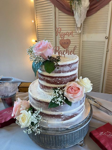 Red Velvet naked wedding cake. 12 inch, 2 layer bottom with 8inch, 3 layer top tier Red Velvet Wedding Cake, 2 Tier Wedding Cakes, 2 Layer Cakes, 2 Tier Cake, Red Cake, Easy Cake Decorating, Tiered Wedding Cake, Layer Top