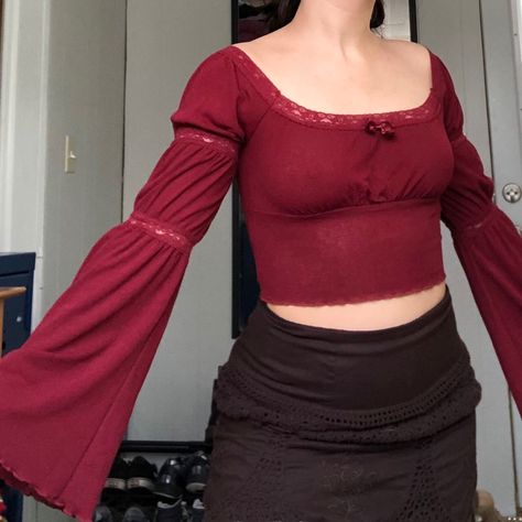 Sleeve Shirt Outfit, Peasant Crop Top, Flare Sleeve Top, Quirky Girl, Maroon Bells, Bell Sleeve Shirt, Flared Sleeves Top, Shirt Aesthetic, Girls Wardrobe