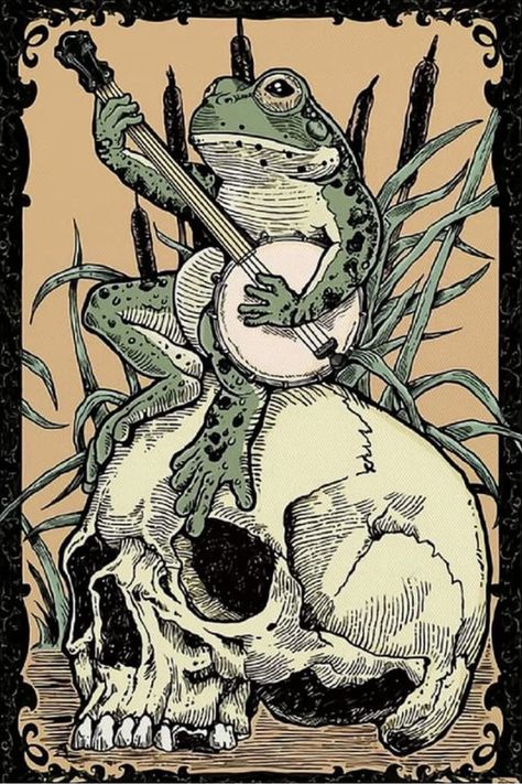 Vintage, poster, retro, frog with banjo Frog With Banjo, Frog People, Frog Playing Banjo, Inktober Ideas, Frog Card, Frog Wallpaper, Frog Illustration, Frog Tattoos, Arte Grunge