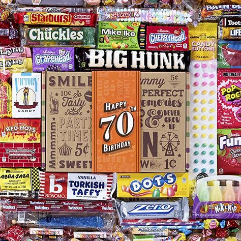 Amazon.com : VINTAGE CANDY CO. 70TH BIRTHDAY RETRO CANDY GIFT BOX - 1951 Decade Nostalgic Childhood Candies - Fun Gag Gift Basket for Milestone SEVENTIETH Birthday - PERFECT For Man Or Woman Turning 70 Years Old : Grocery & Gourmet Food Retro Candy, Birthday Candy, Happy Bday, Vintage Candy, 70th Birthday, Care Package, Turning, Birthday Gift, Candy