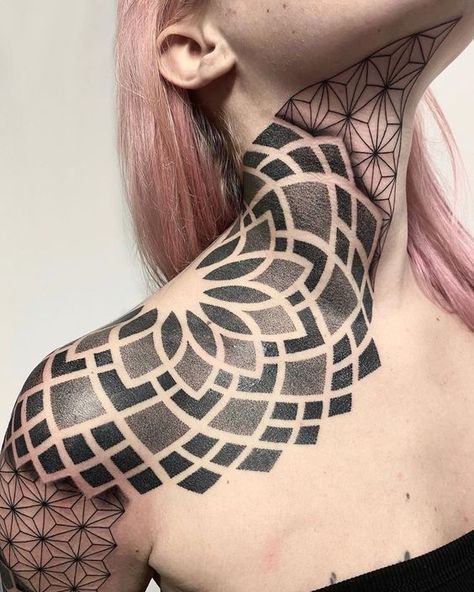 Are you looking for mandala tattoo designs? Don't waste your time searching through 1,000+ web pages. We’ve collected 50+ best tattoo ideas for you in our article. Sacred Geometry Neck Tattoo, Geometric Egyptian Tattoo, Geometric Neck Tattoo, Mandala Neck Tattoo, Geometric Throat Tattoo, Tattoo Women Back, Men Chest Tattoo, Man Tattoo Ideas, Geometric Tattoo Neck