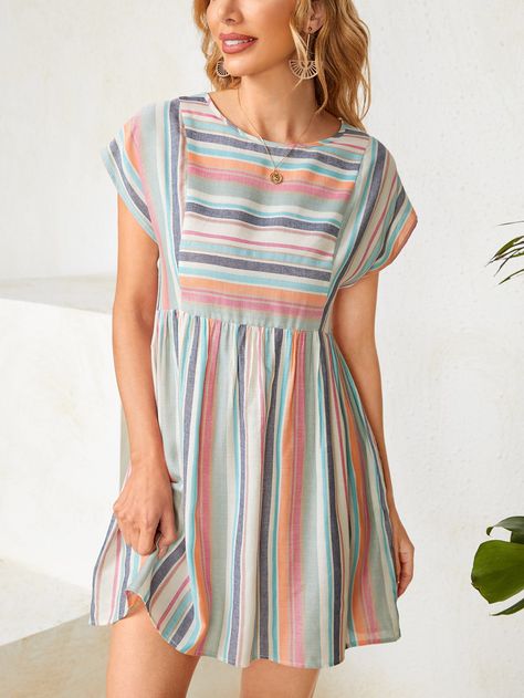 Cotton Dress Summer Casual, Cotton Night Dress, Cotton Dresses Summer, Simple Frock Design, Cotton Short Dresses, Recycled Dress, Batwing Dress, Trendy Shirt Designs, Striped Dress Summer