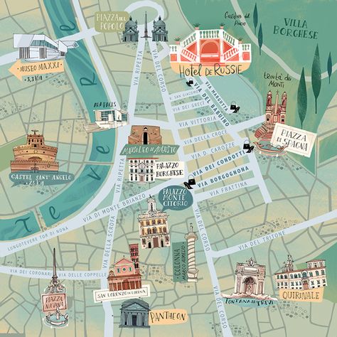 Flavia Sorrentino - Map of Rome for Hoetl de Russie #map #rome #roma #italy Map Of Rome, Rome Map, Rome City, Wedding Map, Illustration Agency, Country Maps, Rome Travel, Travel Illustration, Illustrated Map